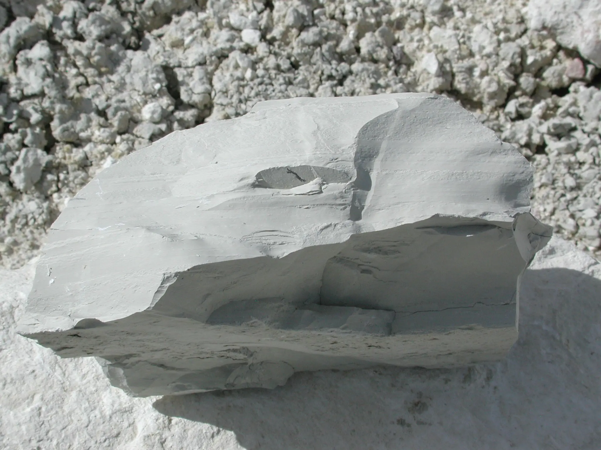 Close-up of a rough, white rock with textured surface and shadows.